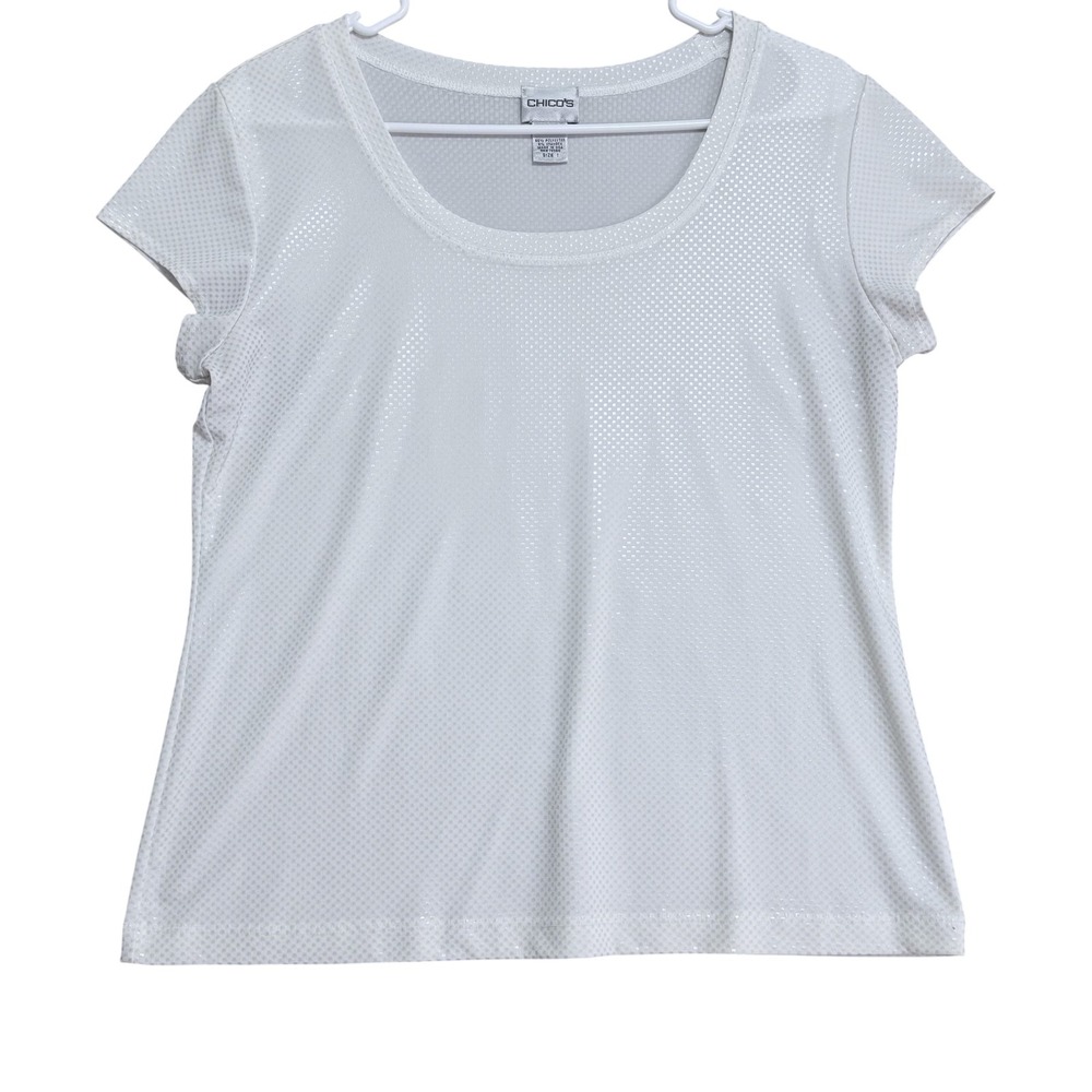 Chico's Shirt Womens 1 Medium White Sheer Mesh Sparkle Scoop Neck Top‎ Made USA